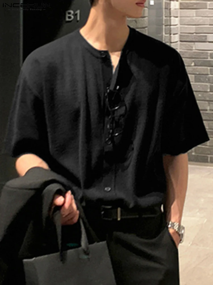 

INCERUN Men T Shirt Solid Color Round Neck Short Sleeve Button Casual Tee Tops 2022 Summer Streetwear Leisure Camisetas S-5XL