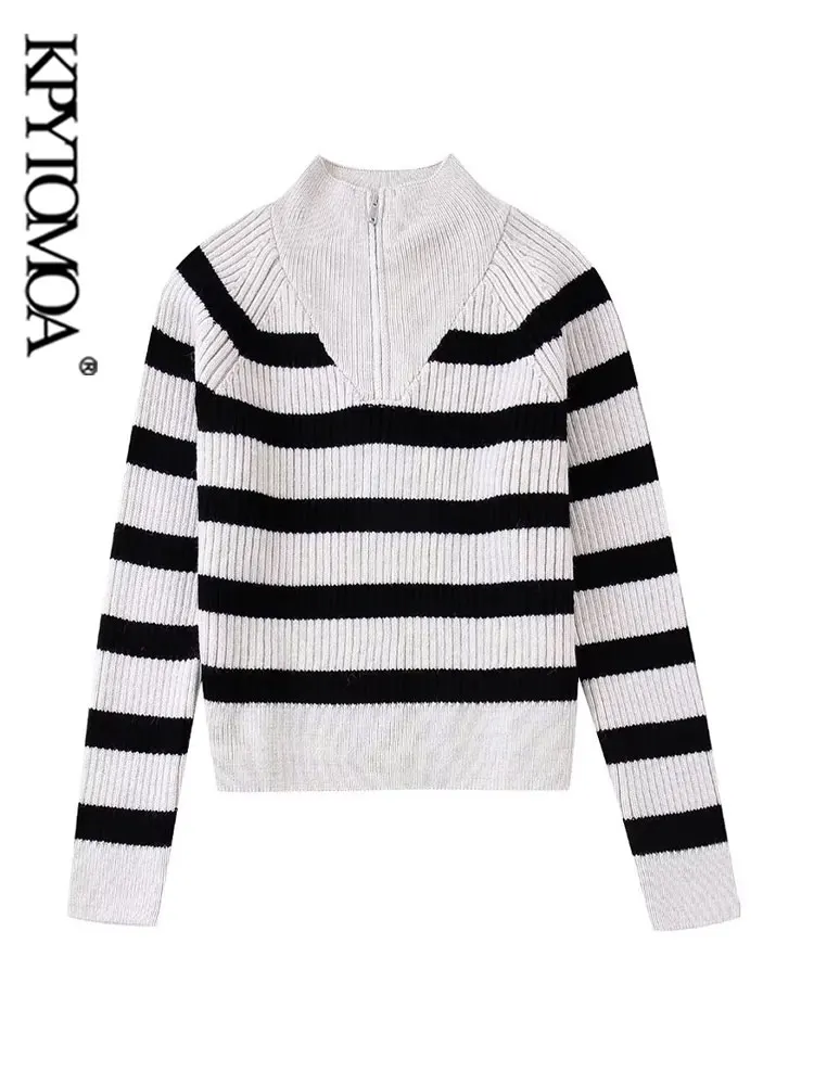 

KPYTOMOA Women Fashion Front Zipper Loose Striped Knit Sweater Vintage O Neck Long Sleeve Female Pullovers Chic Tops