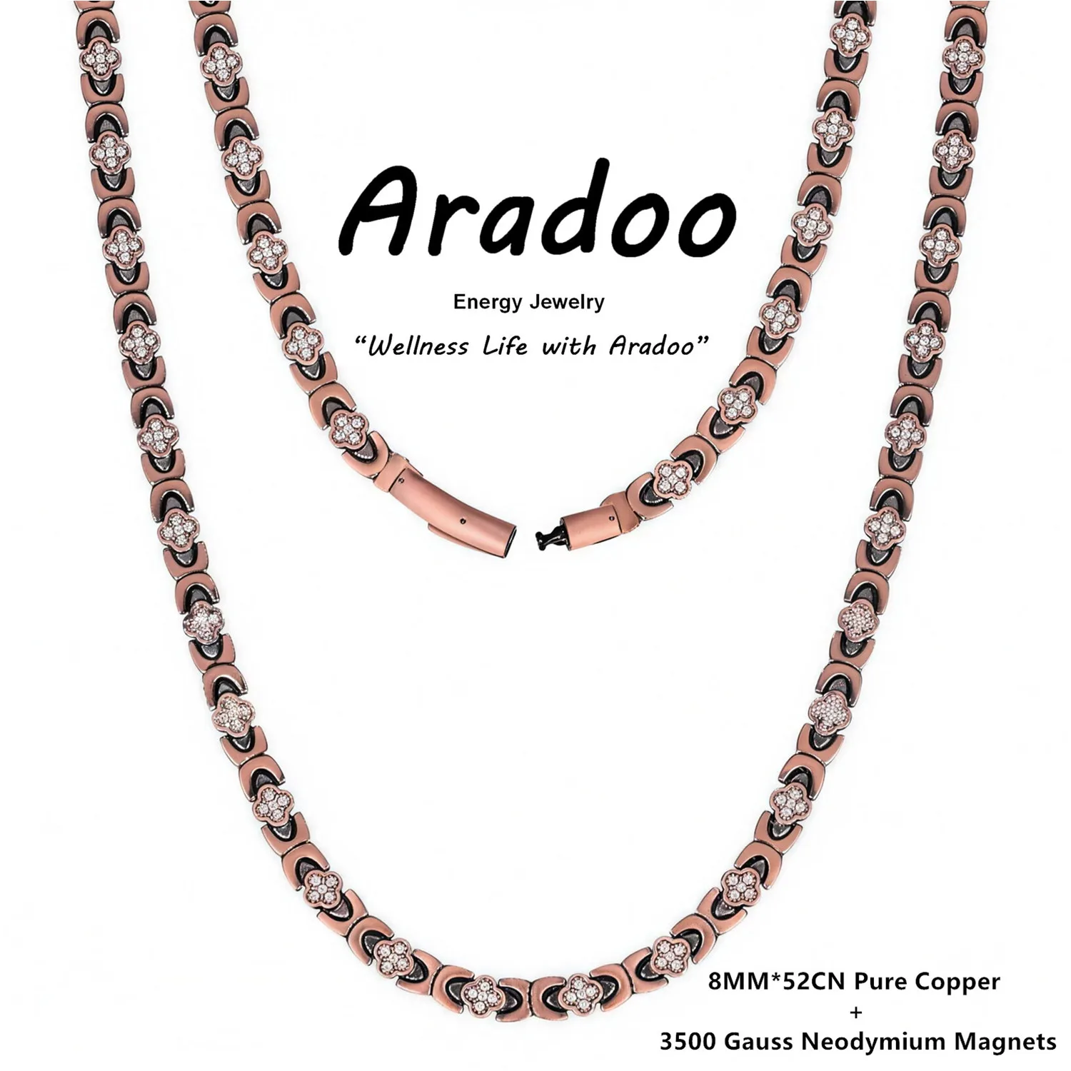 Фото Ожерелье ARADOO Premium из медного сплава с кристаллами, дизайн «Бесконечный клевер» (Удача и Любовь), магнитное терапевтическое украшение, подарки №1