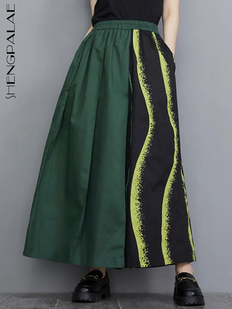 

SHENGPALAE Temperament Patchwork Panelled Wide Leg Pants Women 2022 Summer New Feshion Casual Elastic Waist Knee-length 5SD352
