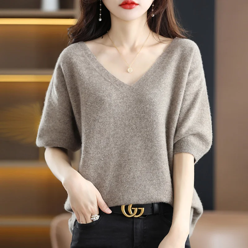 

Повседневный свободный кашемировый пуловер, однотонный вязаный женский свитер, модель 100% года, женская новая куртка с V-образным вырезом, топ на весну и лето
