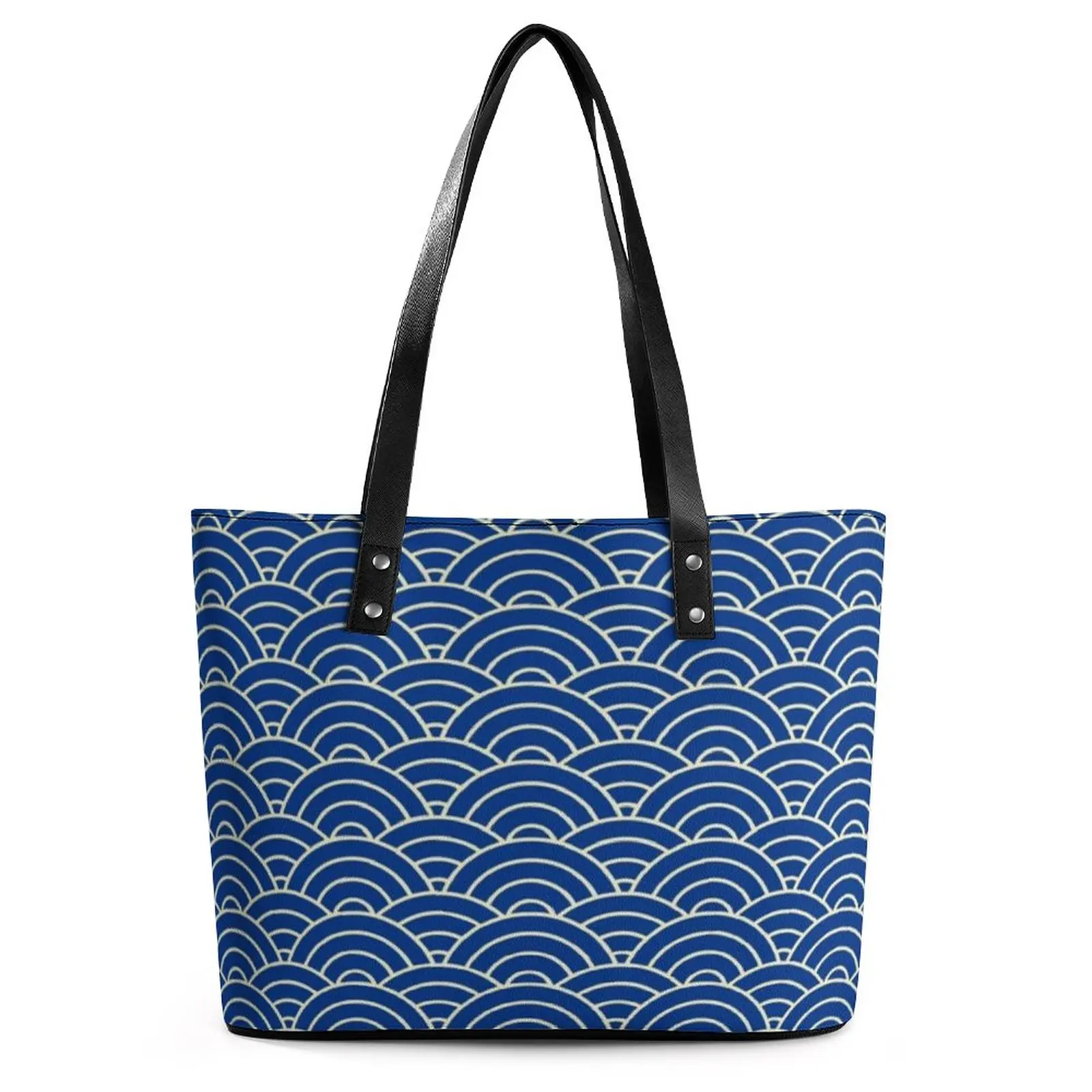 

Blue Seigaiha Print Handbags Japanese Waves Grocery Tote Bag Women Vintage Shoulder Bag Graphic Design PU Leather Shopper Bags
