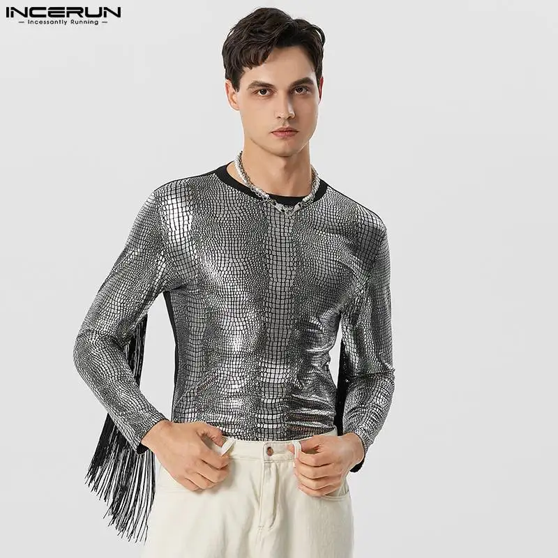 

Handsome Men's Flash Fabric Patchwork Tassel T-shirts Casual Fashion Style O-neck Long Sleeved Camiseta S-5XL INCERUN Tops 2023
