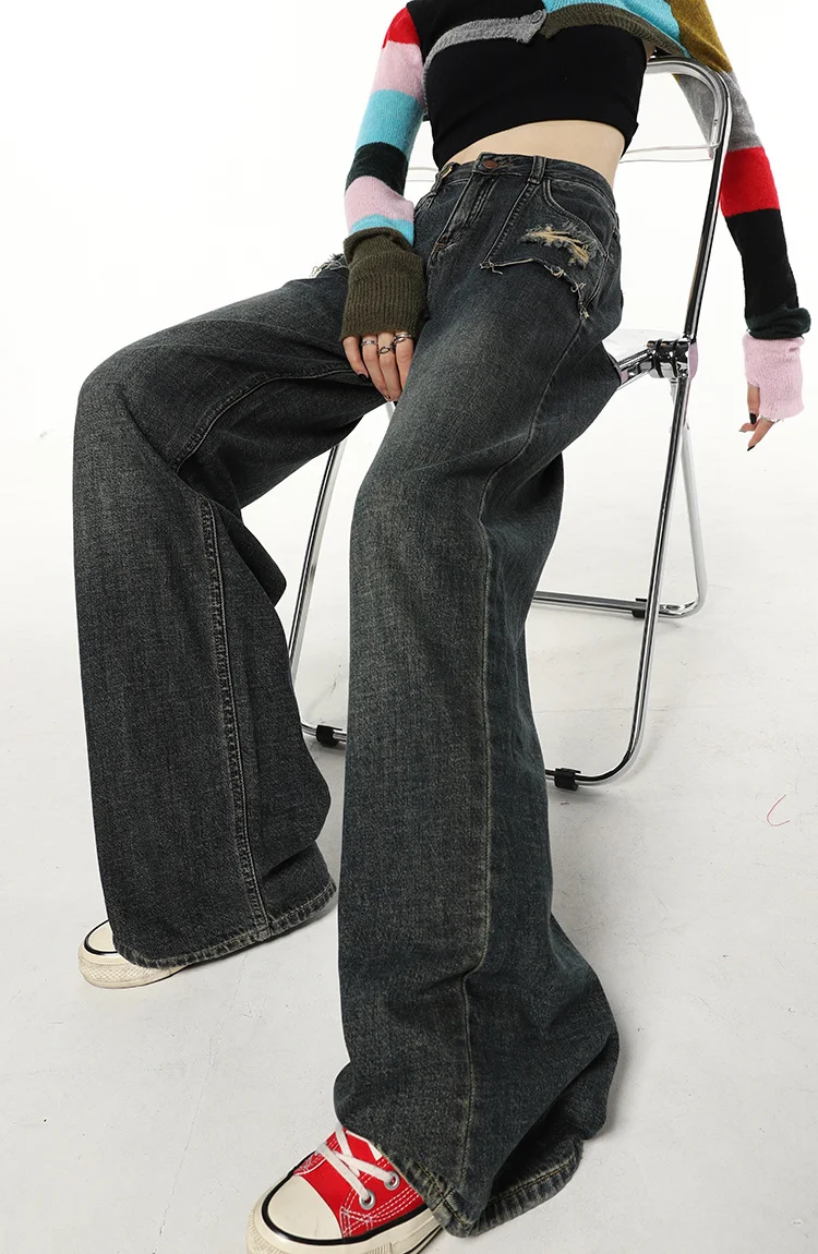 

2023 Hot sale Vintage Black Women Jeans Ripped American Fashion High Waist Streetwear Style Wide Leg Jean Trouser Female Baggy D