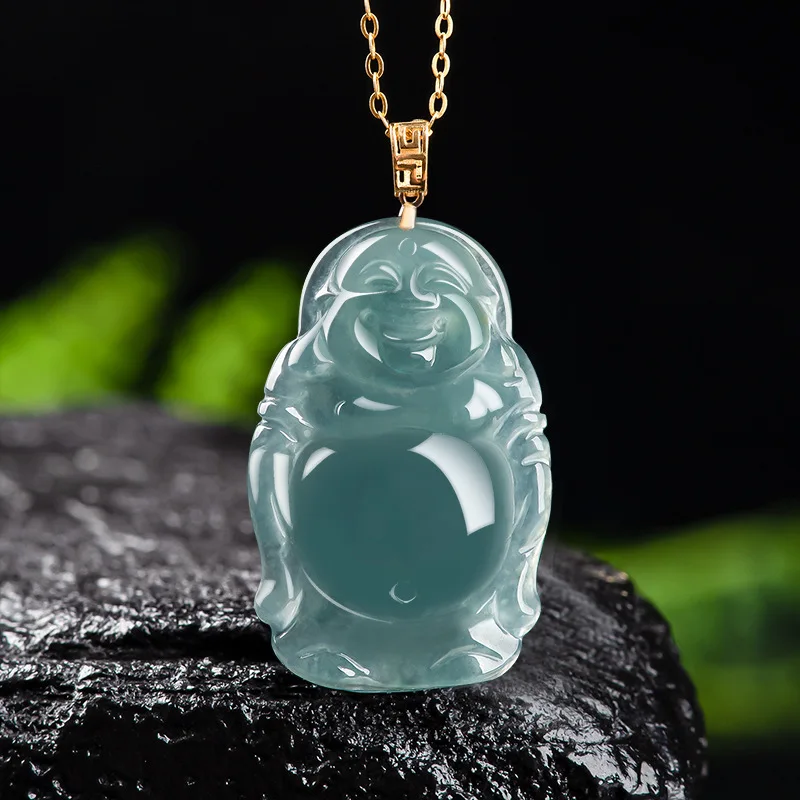 Burmese Jade Buddha Pendant Jewelry Stone Necklace Gifts for Women Fashion Charms Natural Jadeite 925 Silver Blue Emerald