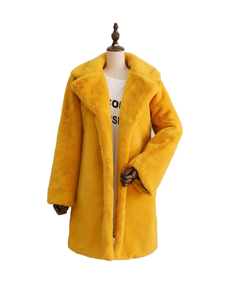 Coat Women Yellow S-3XL Faux Rabbit Fur Jackets 2022 Autumn Winter New Fashion Loose Suit Collar Thick Warmth Clothing Feminina