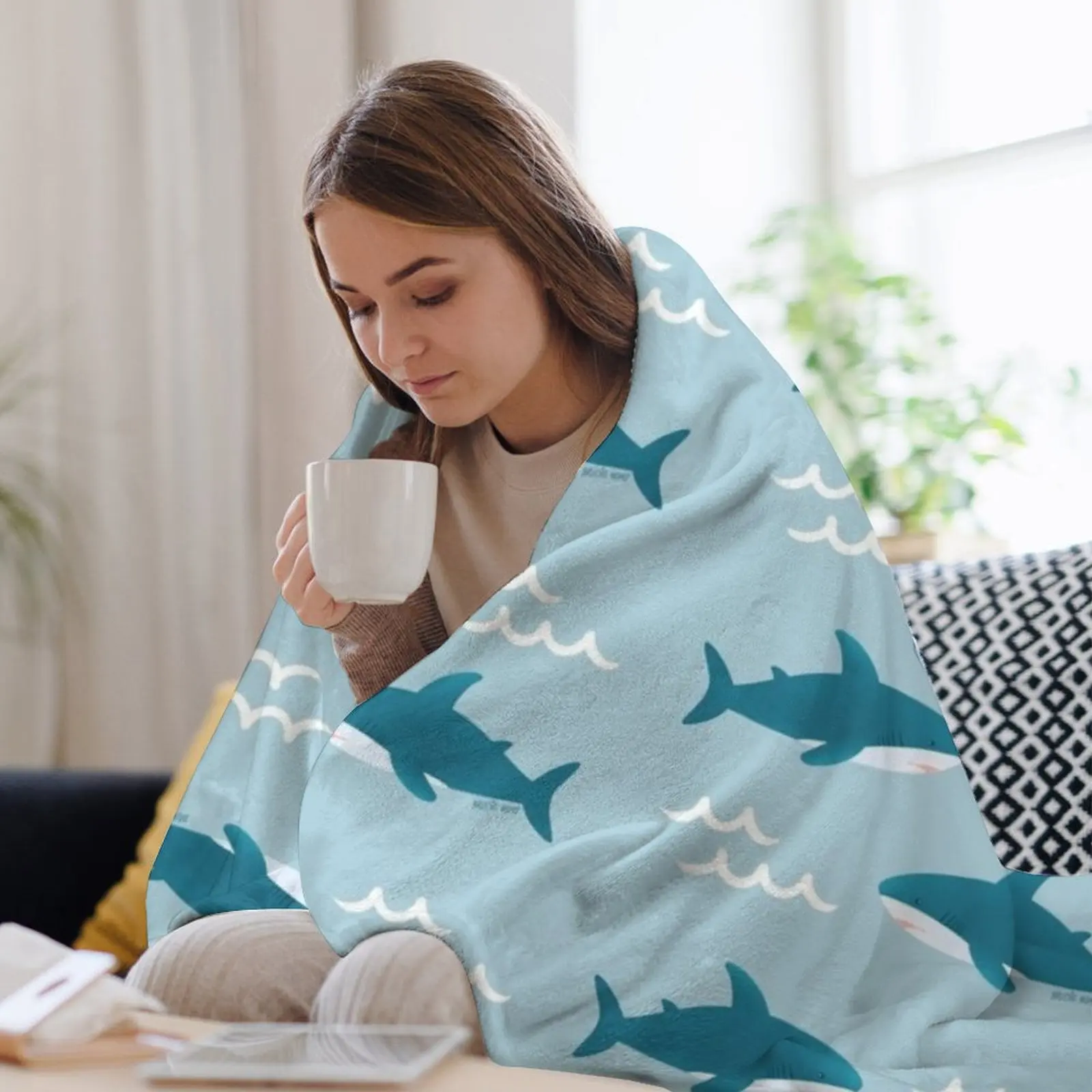 Brucie/Blahaj ikea с рисунком акулы (бирюзовое) пледы волосатое туристическое тяжелое