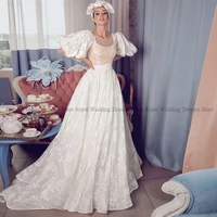 a line wedding dresses puff sleeve draped print tulle lace handmade flower open back 2022 summer floor length gowns robe de ma