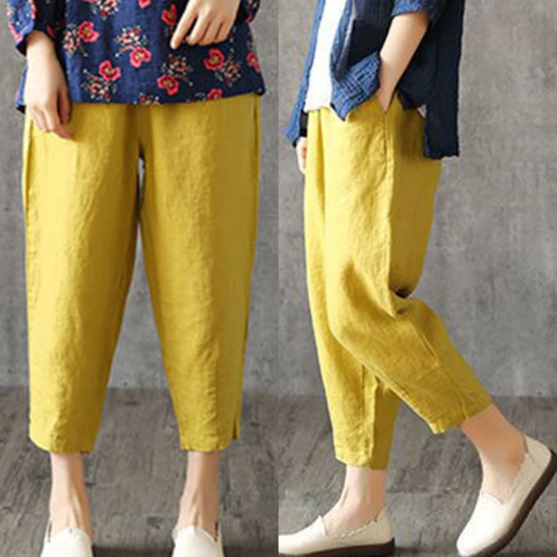 Women Harem Pants Summer Vintage Cotton Linen Capris Thin Pants Elastic High Waist Pockets Solid Color Casual Female Trousers