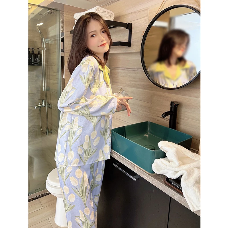 Women Fashion Tulip Flower Pajamas Sets Faux Silk Long Sleep Wear Home Clothes Suits