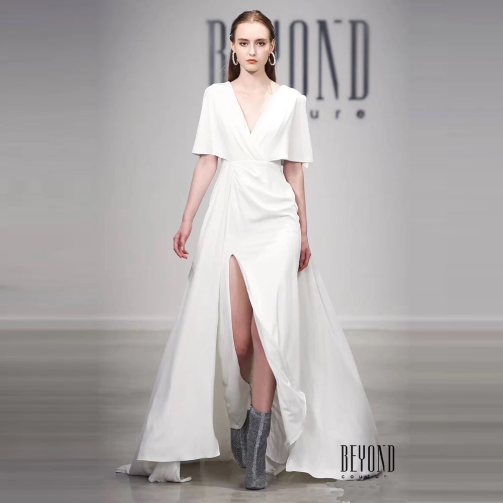 

Plus Size Satin V-neck Pleats Side Slit Gowns Evening dress formal dress mermaid short-sleeve for wedding