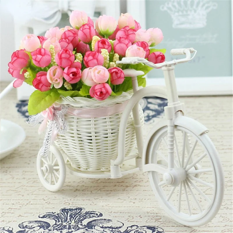 

Rattan Bike Vase with Silk Flowers Colorful Mini Rose Flower Bouquet Daisy Artificial Flores for Home Wedding Decoration