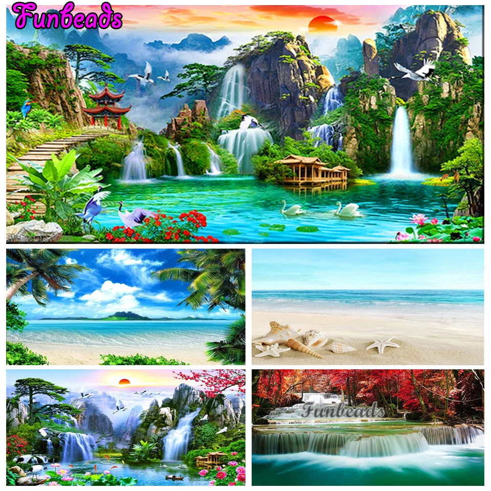

Большая 5d алмазная вышивка «сделай сам», водопад и горное озеро, натуральный журавль, полноразмерная/круглая алмазная живопись фэн-шуй TT252