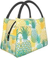 yellow and dark green stick figure pineapple print portable insulation bag for office work school picnic beach
