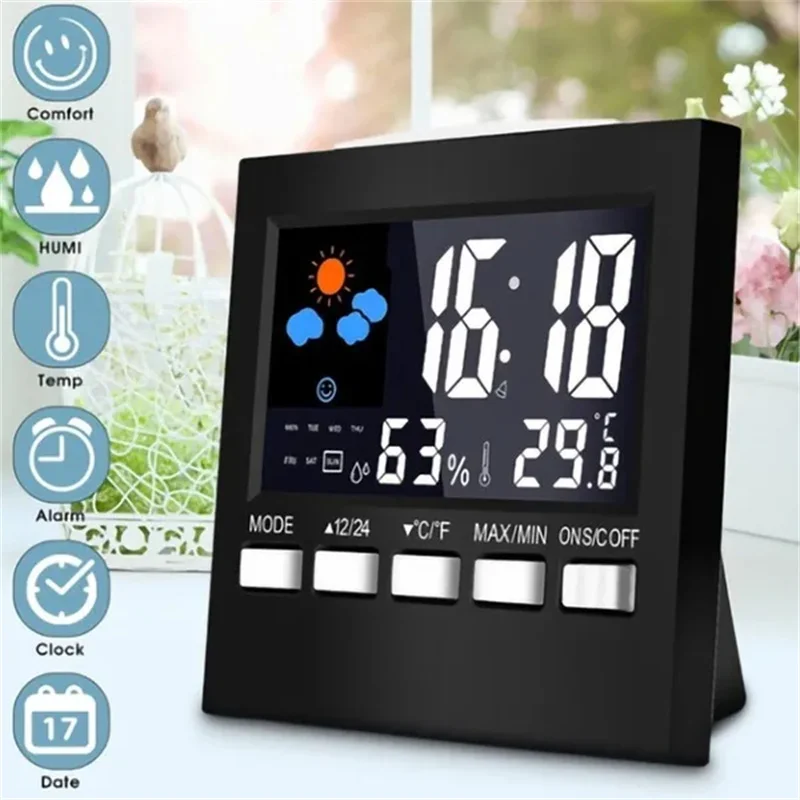

Digital Alarm Clock for Bedroom LED Screen Weather Forecast Temperature Humidity Monitor with Snooze Calendar Voice Control