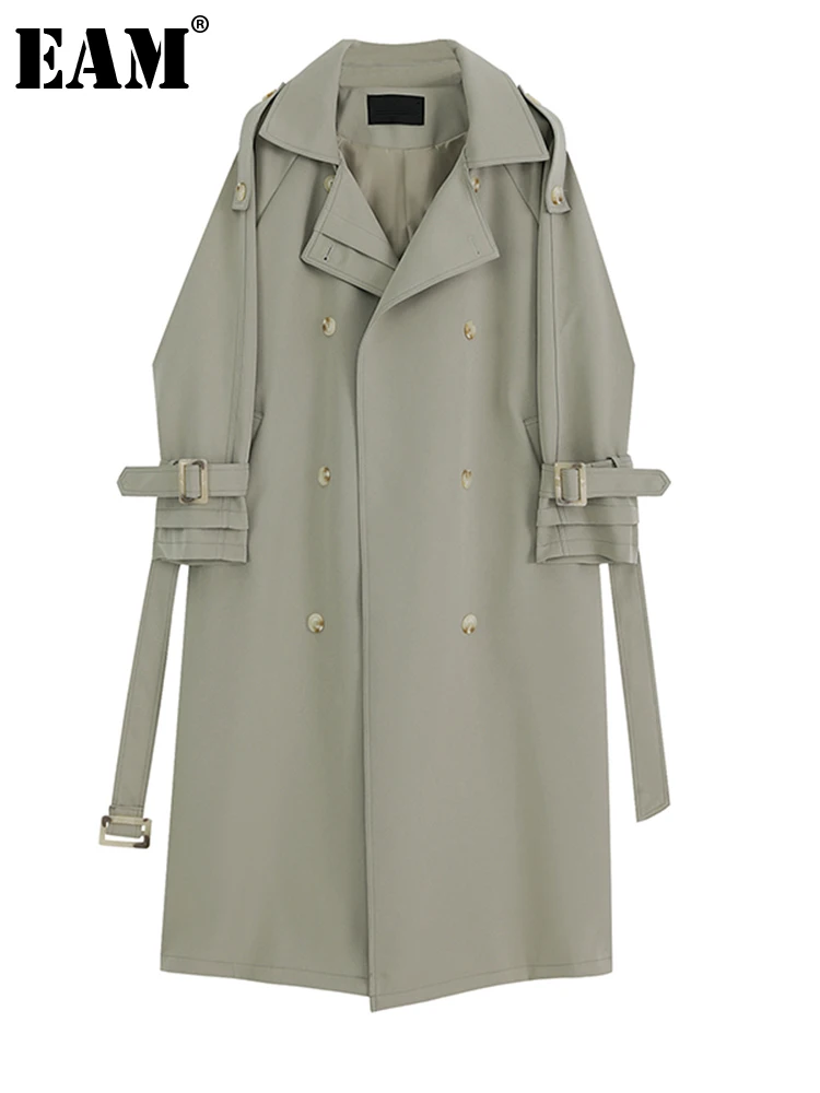 

[EAM] Women Light Green Big Size Trench New Lapel Long Sleeve Loose Fit Windbreaker Fashion Tide Spring Autumn 2023 1DF3558