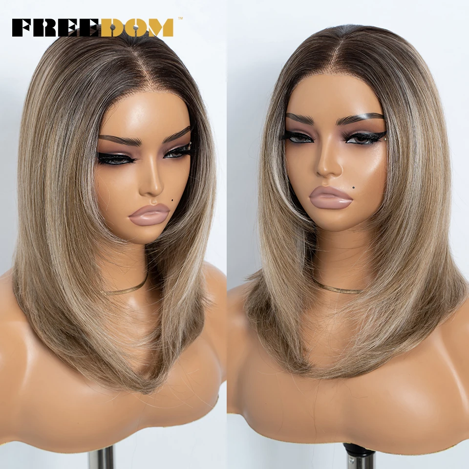 Фото Синтетический парик FREEDOM Straight Bob с многослойной прической, парик с кружевной передней частью для женщин, 13x3, предварительно выщипанный, омбре, блонд, с возможностью свободной расчески, парик с фронтальным кружевом №4