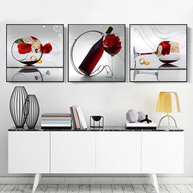 3-częściowa romantyczna kuchnia Czerwone wino Róża Nordic Plakaty ścienne Obrazy na płótnie Home Decor HD Dekoracje do jadalni
