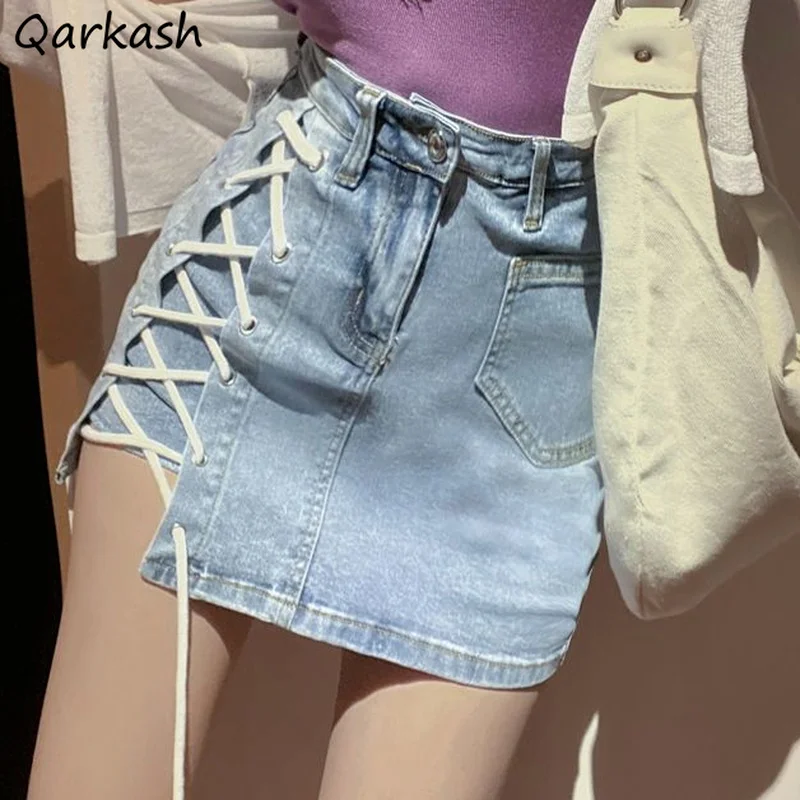 

Mini Skirts Women Side-slit Bandage Denim Design Fashion Summer Empire Elasticity Lined A-line Streetwear Sexy All-match Quality