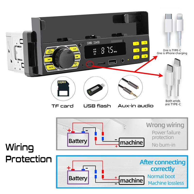 Radio samochodowe z Bluetooth 1 Din odtwarzacz MP3 głośnomówiowy A2DP typu C USB TF Aux pilot aplikacji uchwyt na telefon komórkowy System Audio jednostka główna D3400 4 Radio samochodowe z Bluetooth 1 Din odtwarzacz MP3 głośnomówiowy A2DP typu C USB TF Aux pilot aplikacji uchwyt na telefon komórkowy System Audio jednostka główna D3400 4