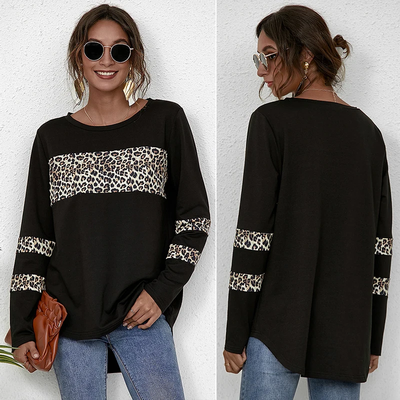 

Женский свободный пуловер с круглым вырезом и леопардовым принтом