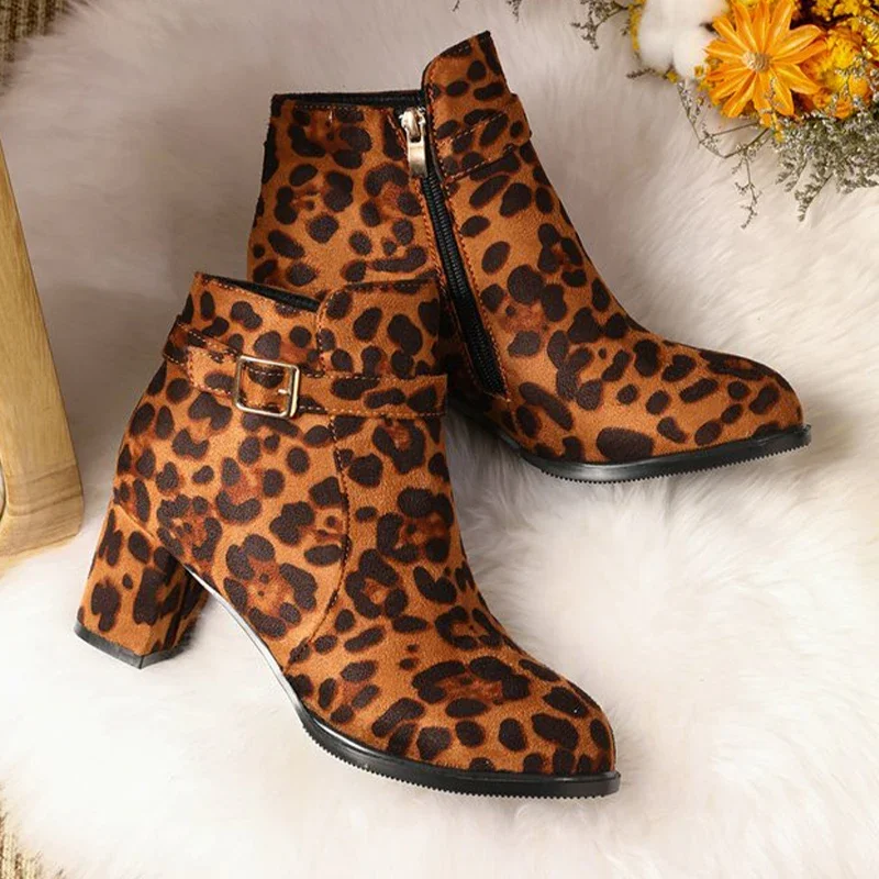 Leopard Suede Women Ankle Boots Mid Heels Chunky Shoes Women's Winter 2025 Trend New Fashion Designer Elegant Female