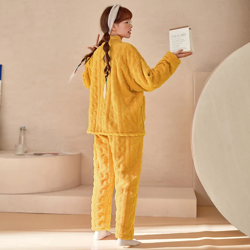 Women's Pajamas Autumn and Winter Thickened Cardigan V-Neck Cut Flower Simple Comfortable Warm Home Clothes Set