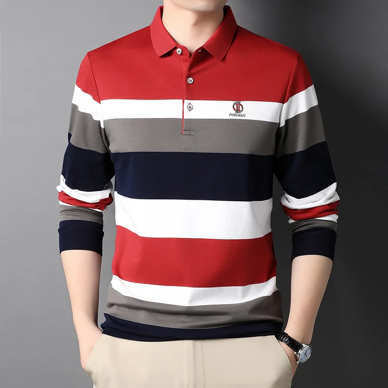 

Polo T Shirt for Men Casual Classic Embroidery Cotton Korean Slim Fit Long Sleeve Striped Soft Business New Lapel Spring Autumn