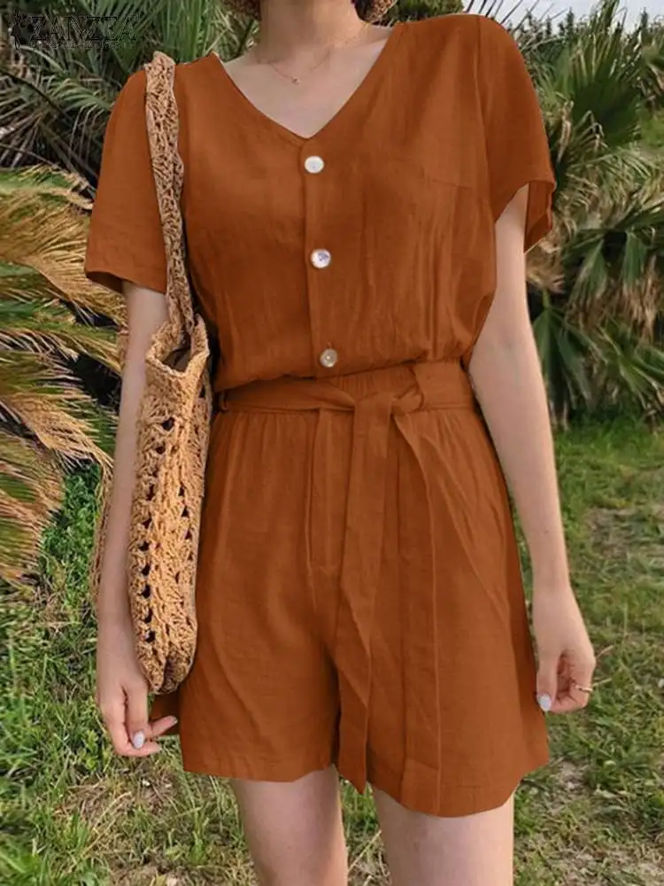 

ZANZEA V-neck Short Sleeve Shirt Solid Color 2pcs Outfits Women Casual Matching Sets Summer Belted Tracksuits Holiday Short Sets