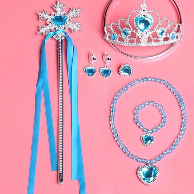 

Cartoon Children's Jewelry Set Snowflake Magic Wand Crown Necklace Bracelet Earrings Ring for Child Student Trendy Accessories