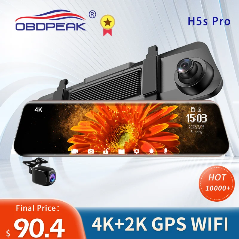 Car DVR 12 Inch 4K+2K GPS WIFI Dash Cam Rearview Mirror DVR Sony IMX415 G-Sensor Rear Camera Auto Registrar 24h Parking Monitor