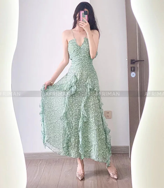 2023 New Summer Beach Style Women Elegant Floral Print Ruffles Lace Slim Strapless Long Dress