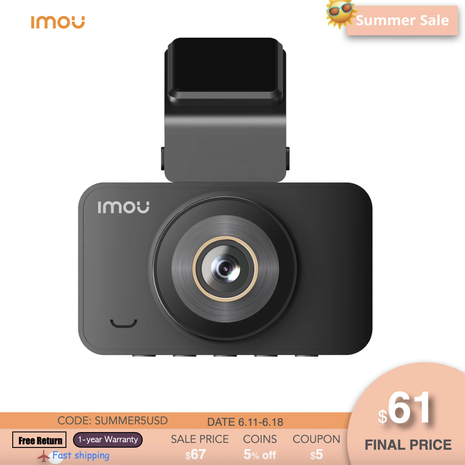 

Видеорегистратор IMOU S400 Pro, 2K, Wi-Fi, водонепроницаемость IP52, G-датчик, угол обзора 123 °