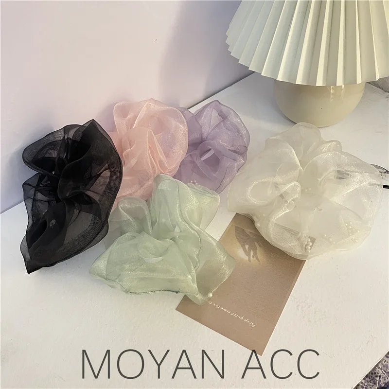 

Korean Simple Solid Color Large Large Intestine Hair Band Female Pearl Mesh Elegant Graceful Head Rope Ponytail Rubber Band Hair