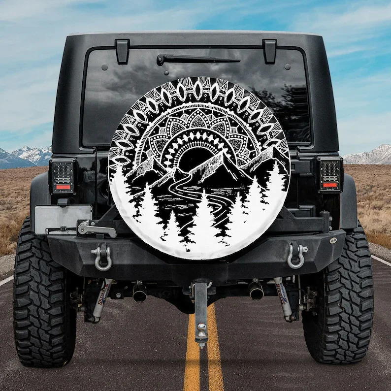 

Mandala Mountain Spare Tire Cover For Car, Personalized Camper Tire Cover, SUV Tire Cover, Gift For Husband, Mountain Lover,