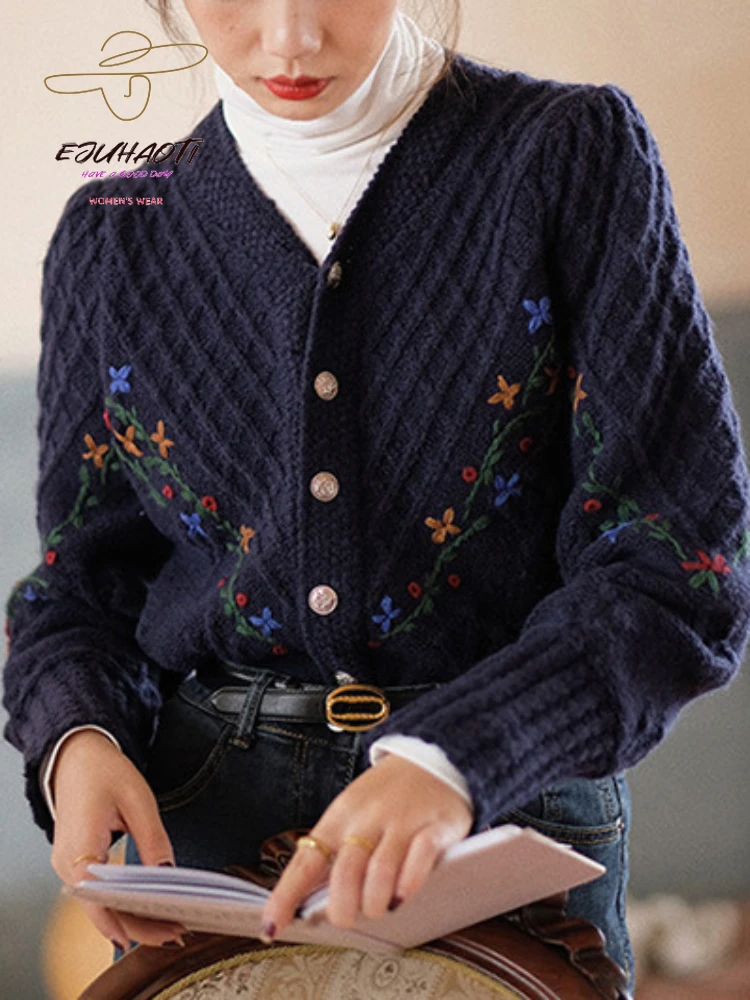 

Женский винтажный вязаный кардиган с цветочной вышивкой и крючком, свитеры, Женский Зимний пуловер оверсайз, Топ с длинным рукавом для осени