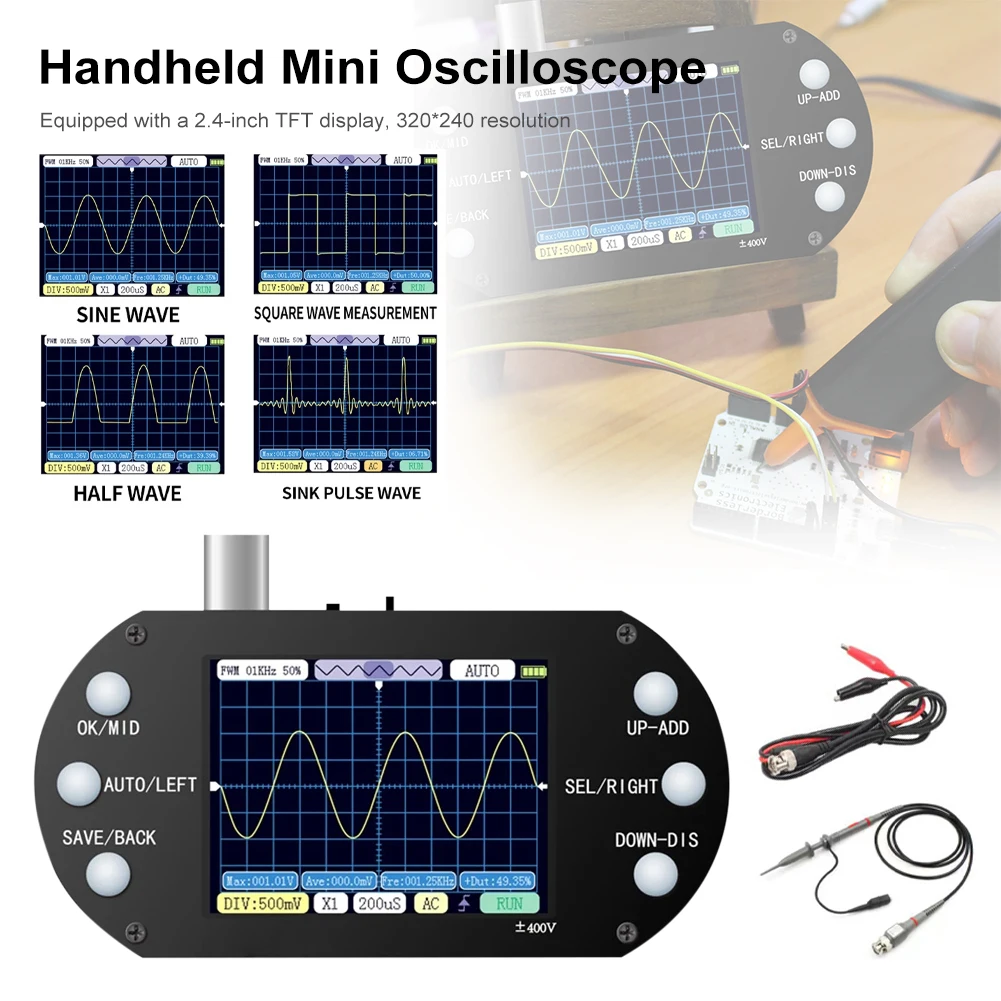 

Handheld Mini Oscilloscope 500KHz Bandwidth 2.5MHz Sample Rate Sinewave/Square Wave/Half Wave/Sink Pulse Wave Oscilloscope