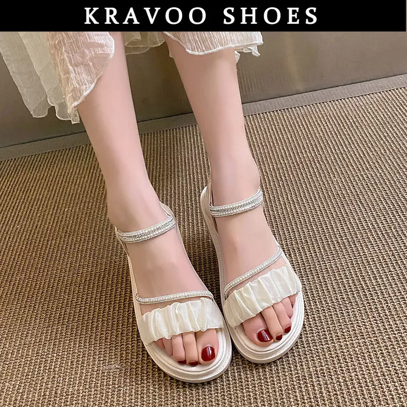 

KRAVOO NEW Summer Women Shoes Casual Leather Flat Beach Sandals Ladies Fashion Flat Solid Peep Toe Sandals Casual Shoes Sandales