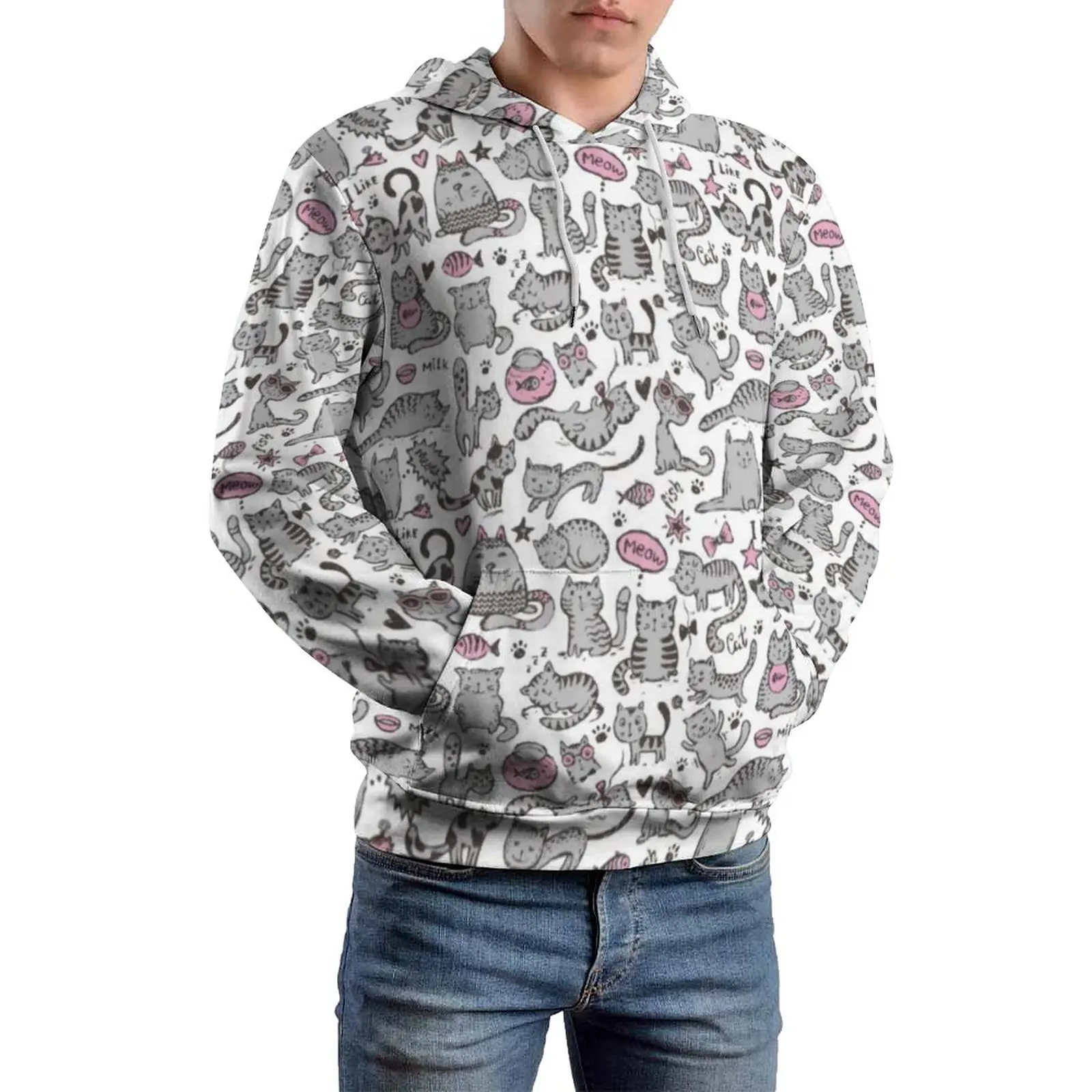 

Funny Meme Casual Hoodies Long Sleeve Gray Cartoon Cat Kawaii Pullover Hoodie Spring Men Classic Oversized Printed Tops