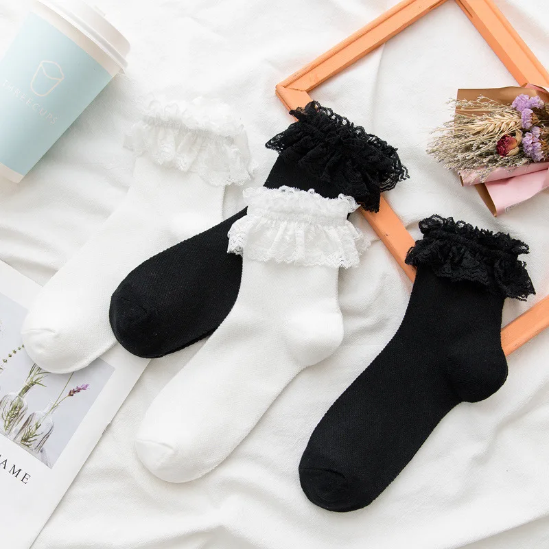 1Pair Breathable Sweat-absorbent Anti-friction Socks Women Medium Socks Lace Socks Korean Style Breathable Cotton Solid Colors