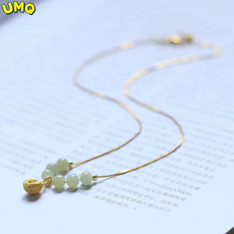 

Copy Real 24K Gold Necklace Natural Hotan Jade Flower Women's Fashion Pendant Simple 14k Wrapped Adjustable Collar 999 18K