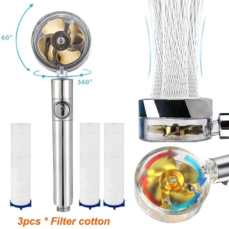 

High Pressure Shower Head One Button Switch Spinning Fan 360 Degree Rotating ABS Hand Shower Head With 3pcs Water Filter Cotton