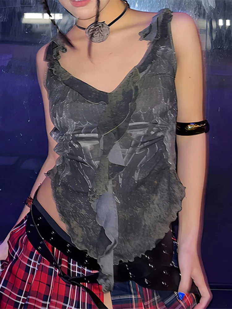 

Женский сетчатый укороченный топ с оборками, винтажный топ с открытой спиной и принтом, без рукавов, уличная одежда, Y2K, ASVE86894, лето 2023