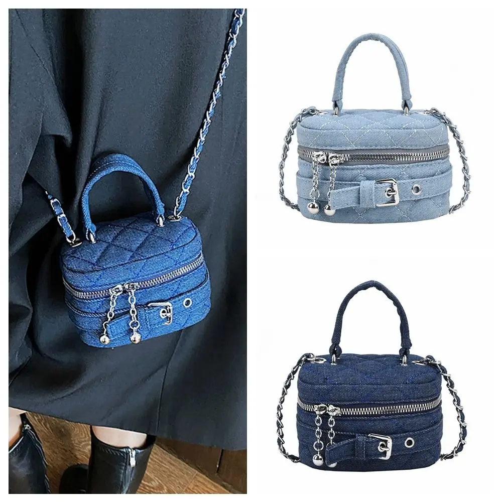 

Fashion Lingge Denim Bucket Bag Chain Shoulder Crossbody Bag Trendy Handbag Women Small Lipstick Bag Coins Purses