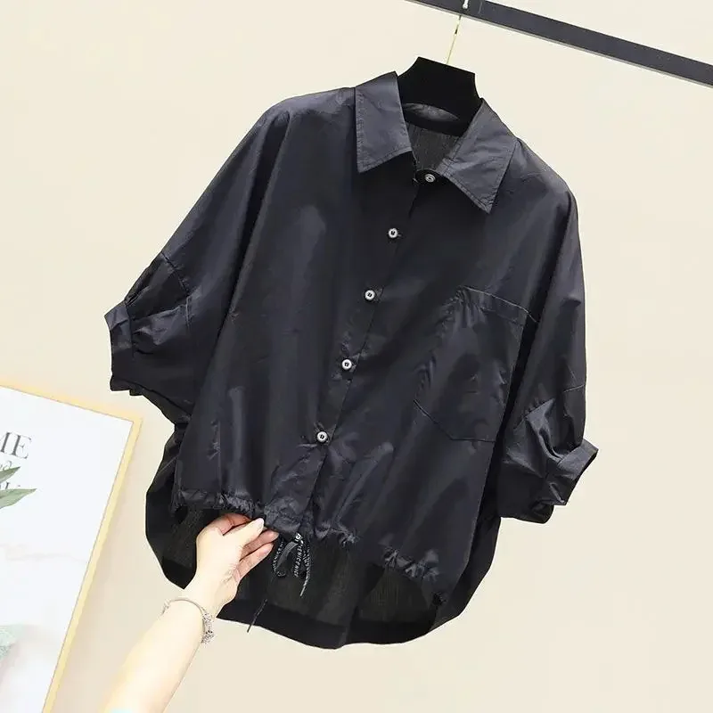 Фото Blusas, новая летняя рубашка с рукавами «летучая мышь», женская свободная повседневная короткая блузка с подолом на талии, однотонные укороченные топы, полубелые рубашки Lady ujfj №4