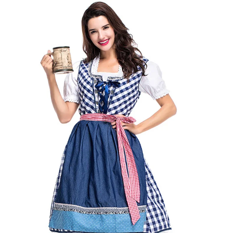 Женский костюм на Октоберфест немецкая Бавария Dirndl наряд синее клетчатое платье