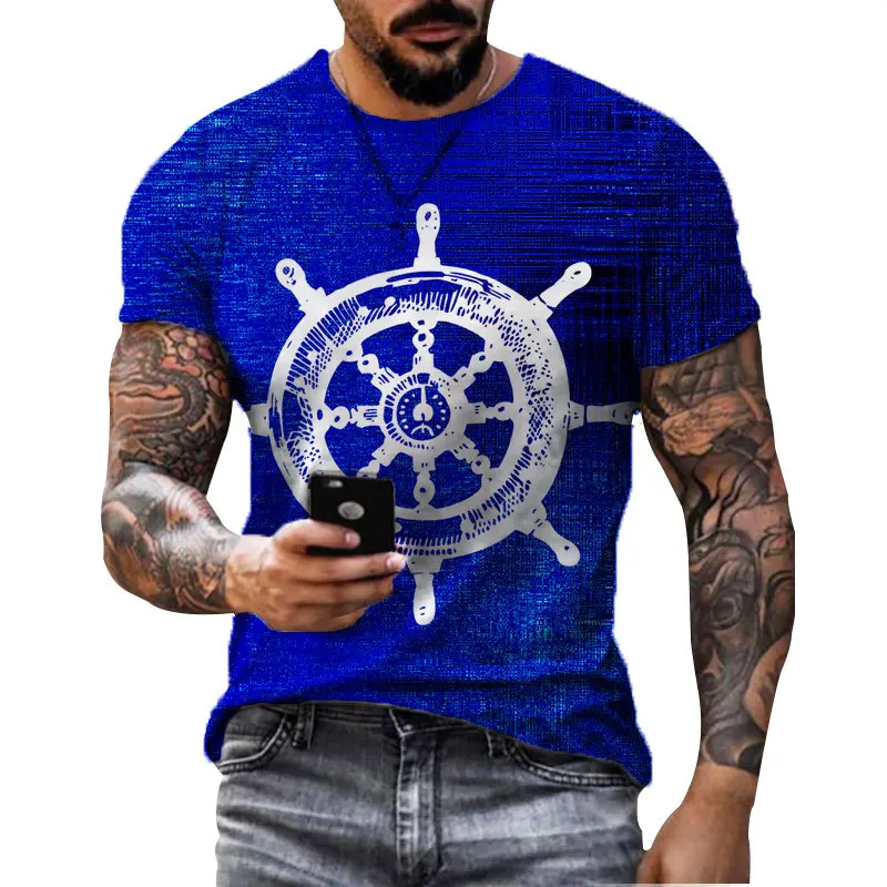 

Summer New Men's 3D Digital Printing Casual Oversized High-Quality Retro Rudder Anchor Short-Sleeved Boat Rudder Pat T-shirt