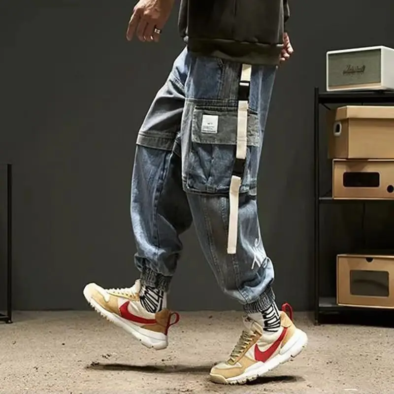 DEEPTOWN Techwear Cargo Jeans Pants Japanese Patchwork Men's Fashion Oversize Loose Casual Streetwear Hip Hop Trousers Male