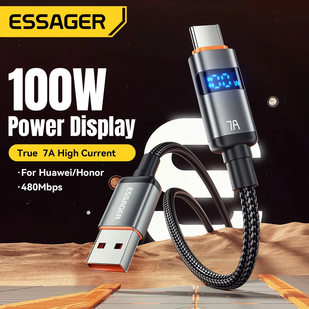 Essager 7A 100 Вт USB Type C цифровой дисплей кабель для быстрой зарядки данных для Huawei Mate60/50/40/30/20 Realme Oneplus Samsung OPPO