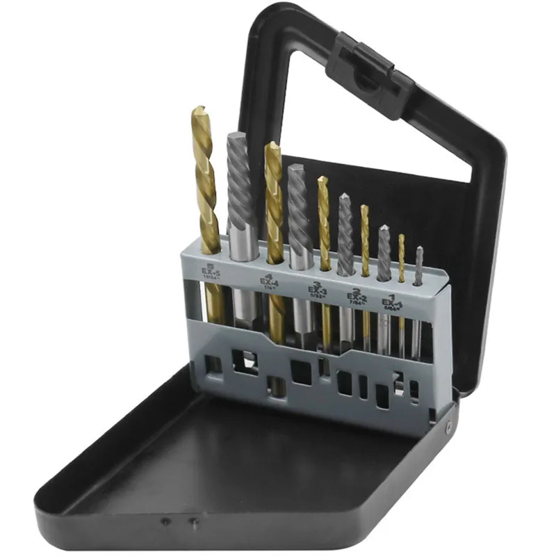 

10pcs Broken Head Screw Extractor 5 Extractors and 5 Drills Combination Set Broken Head Screw Removal Extractor Alloy Steel Tool
